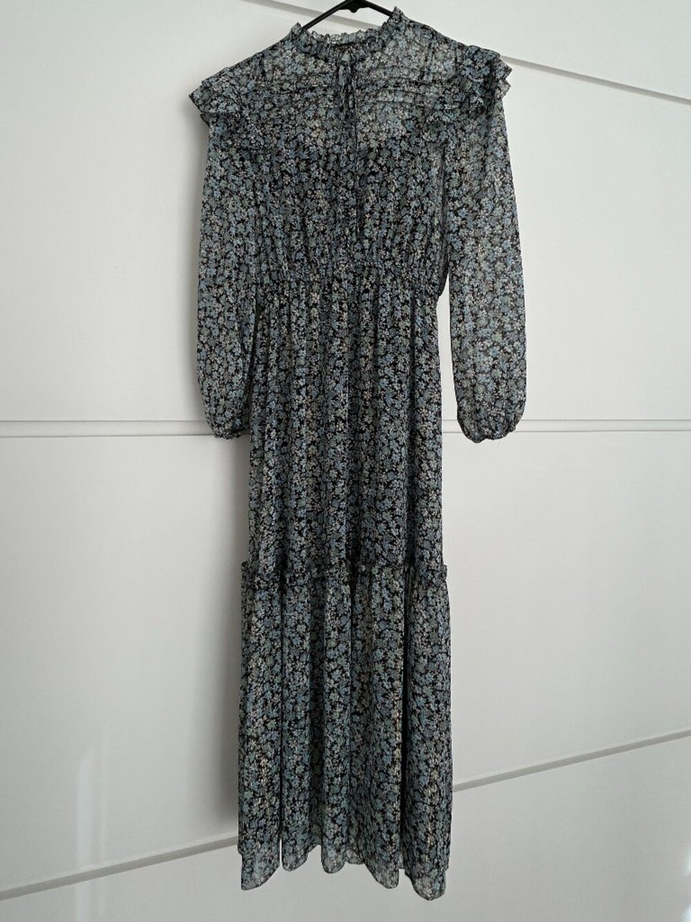 Maje Paris Floral Metallic Lurex Ruffle Long Sleeve Midi Dress Size 36 (US 4)
